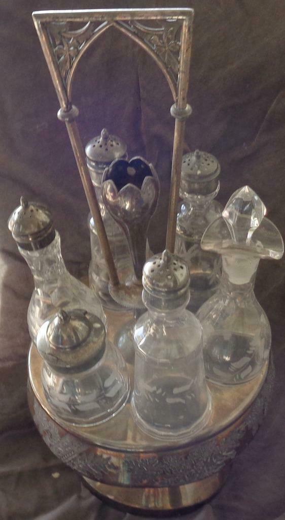 Vintage Silver Plate Condiment Caddy with Etched Glass Condiment Jars  NEEDS TLC - $168.29