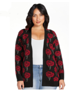 new NO BOUNDARIES Women&#39;s Jacquard CARDIGAN Sweater sz L roses soft knit... - £23.41 GBP