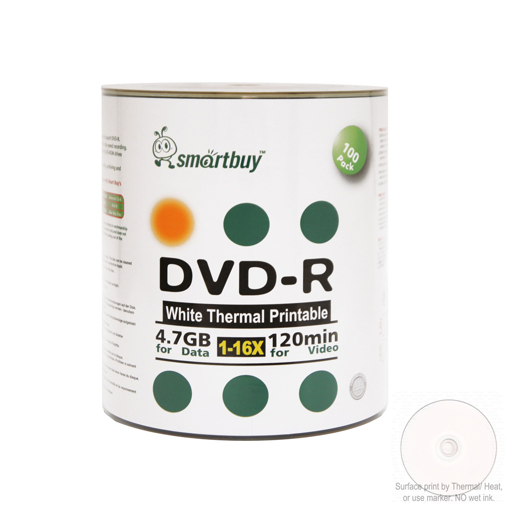 100 Pack Smartbuy 16X DVD-R 4.7GB White Thermal Hub Printable Blank Record Disc - $25.99