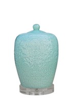 Celadon Embossed Porcelain Pointed Ginger Jar 15&quot; with Acrylic Stand - $188.09