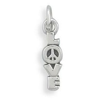 925 Sterling Silver LOVE Charm with Peace Sign Hanging Bar Drop Unisex Pendant - £21.71 GBP