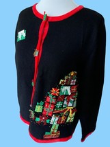 Berek Ladies Vintage Ls Black Christmas Package Cardigan Sweater Euc L - £68.93 GBP