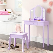 Girls Lavender Purple 3 pc Vanity Set Mirror Wooden Table Stool Makeup D... - £269.45 GBP