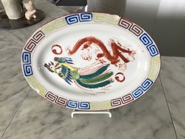 Vintage chinese hand painted Phoenix &amp; Dragon Oval Plate Tray 9.1 x 6 3/4  - £39.90 GBP