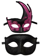 Fushia Pink Black Flame Couples Masquerade Mardi Gras Masks Mask Set - £22.92 GBP