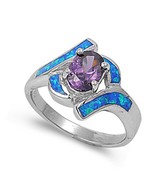 Opal Ring Sterling Silver October Oval Blue Simulated Opal Ring - £63.68 GBP+