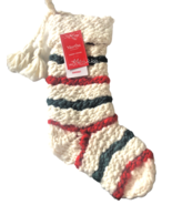 Martha Stewart Christmas Stocking Hand Knit Cream Ivory Green Red Stripe... - $44.07