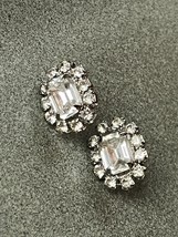 Small Clear Emerald Cut Rimmed in Tiny Round Rhinestone Silvertone Post Earrings - £9.02 GBP