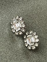 Small Clear Emerald Cut Rimmed in Tiny Round Rhinestone Silvertone Post ... - £8.88 GBP