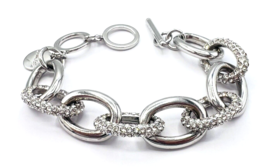 Chico&#39;s Silver Tone Chunky Oval Link Crystal Toggle Bracelet - £20.12 GBP