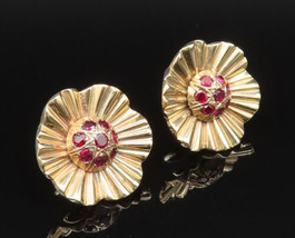 10K GOLD - Vintage Elegant Ruby Center Fluted Flower Earrings - GE168 - £539.48 GBP