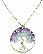 Purple Fluorite Green Quartz Stone Eternal Tree Of Life Brass Necklace 29 inches - £23.48 GBP