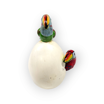 Bird Hatching Mexico Clay Double Toucans Green Red Hand Painted Signed 225 - $14.83
