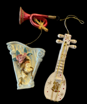 Christmas Ornaments Set Lot 3 Musical Instruments Guitar Harp Horn Vintage - $37.18