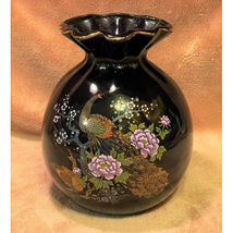 Vintage Japanese Midnight Black Ruffled Top Vase w/ Gold Peacock &amp; Floral Design - £46.69 GBP