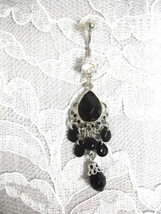 Elegant Bollywood Black Beaded Double Droplet Deco 14G Clear Cz Navel Belly Ring - £4.71 GBP