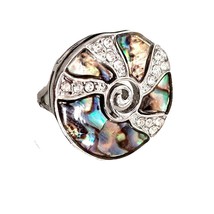 Abalone Paua Shell Inlay Rhinestones Silver Tone Statement Ring Size 8 Boho - £13.28 GBP