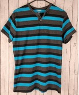 Carbon Blue Black Gray Striped Henley Summer Tee Shirt T-Shirt Men&#39;s siz... - £11.40 GBP