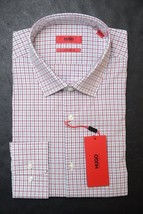 HUGO BOSS Uomo Mabel Sharp Fit Rosso Scuro Quadri Cotone Camicia 43 17 36/37 - £47.64 GBP