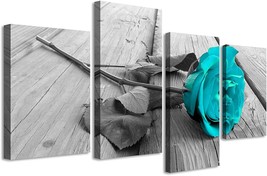 Teal Bathroom Decor - Teal Rose Floral Canvas Wall Art Large Black and White Mod - £26.26 GBP