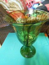 MAGNIFICENT Art Glass Avacado Striped CENTERPIECE BOWL on Pedestal - £38.52 GBP