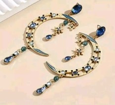 Crescent Moon Drop Earrings with Rhinestones and Tassels - $12.86