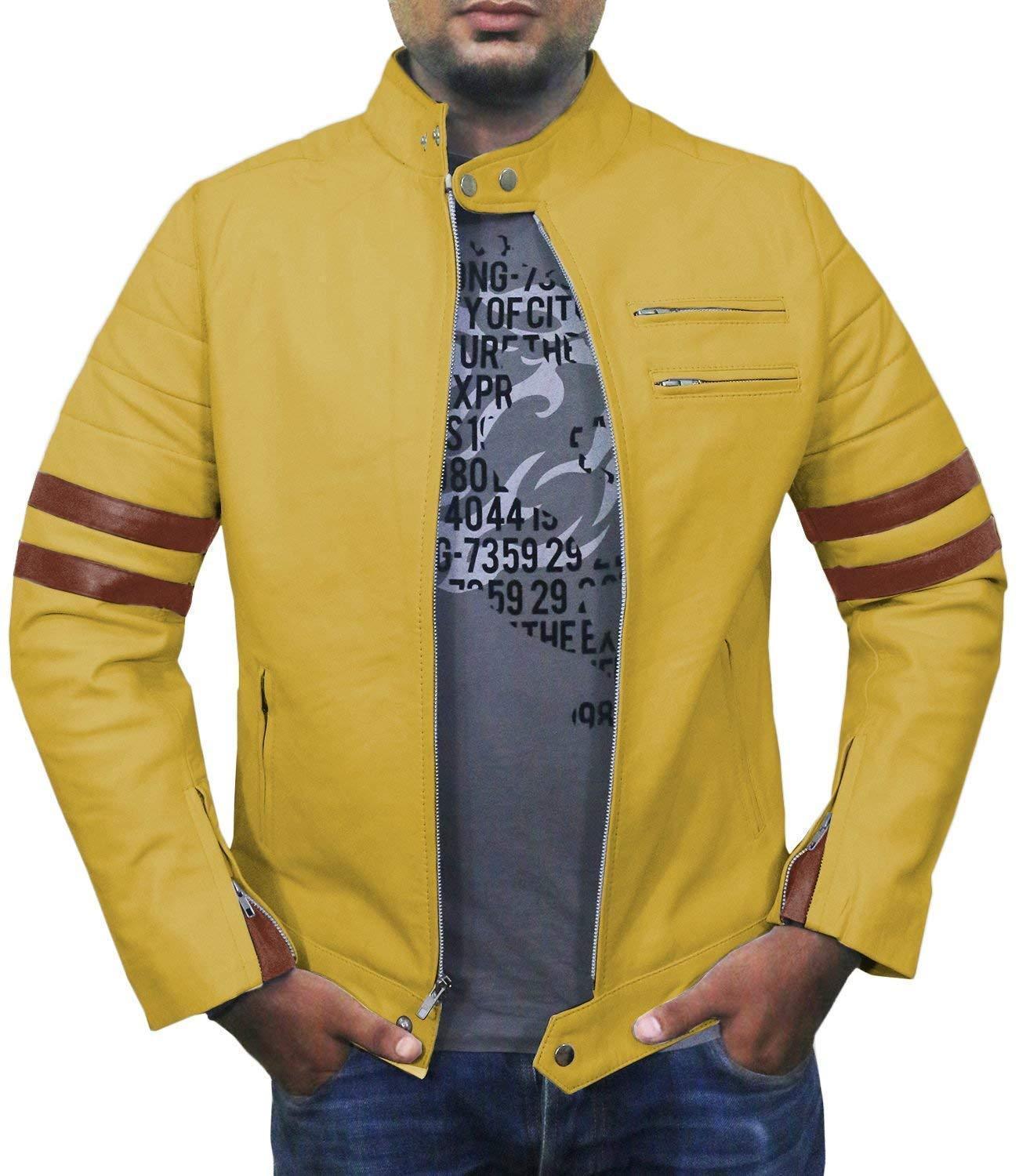 Handmade Yellow Jacket, Maroon Strips Genuine Lambskin Motorcycle leather Jacket