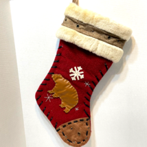 Vintage Christmas Stocking Rustic Cabin Faux Fur Leather Bear Stitching 18&quot; - $15.57