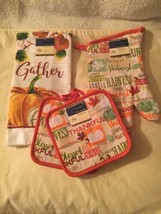 Thanksgiving fall 4 pc towel pot holders oven mitt kitchen pumpkins - £12.33 GBP