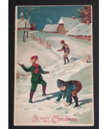 A Merry Christmas Kids in Snowball Fight Winter Scene HWB Embossed Postc... - $29.99