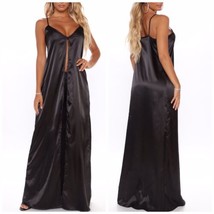 Sexy Black Silky Satin Full Length Slip Gown dress Open Front Small NEW - £10.34 GBP