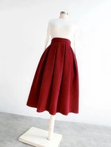 Winter Wine Red Pleated Skirt Women Plus Size Woolen Midi Party Skirt image 5