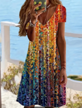 Vacation Rainbow Rain Size Large Women&#39;s Short Sleeve V-Neck Boho Dress ... - £18.57 GBP