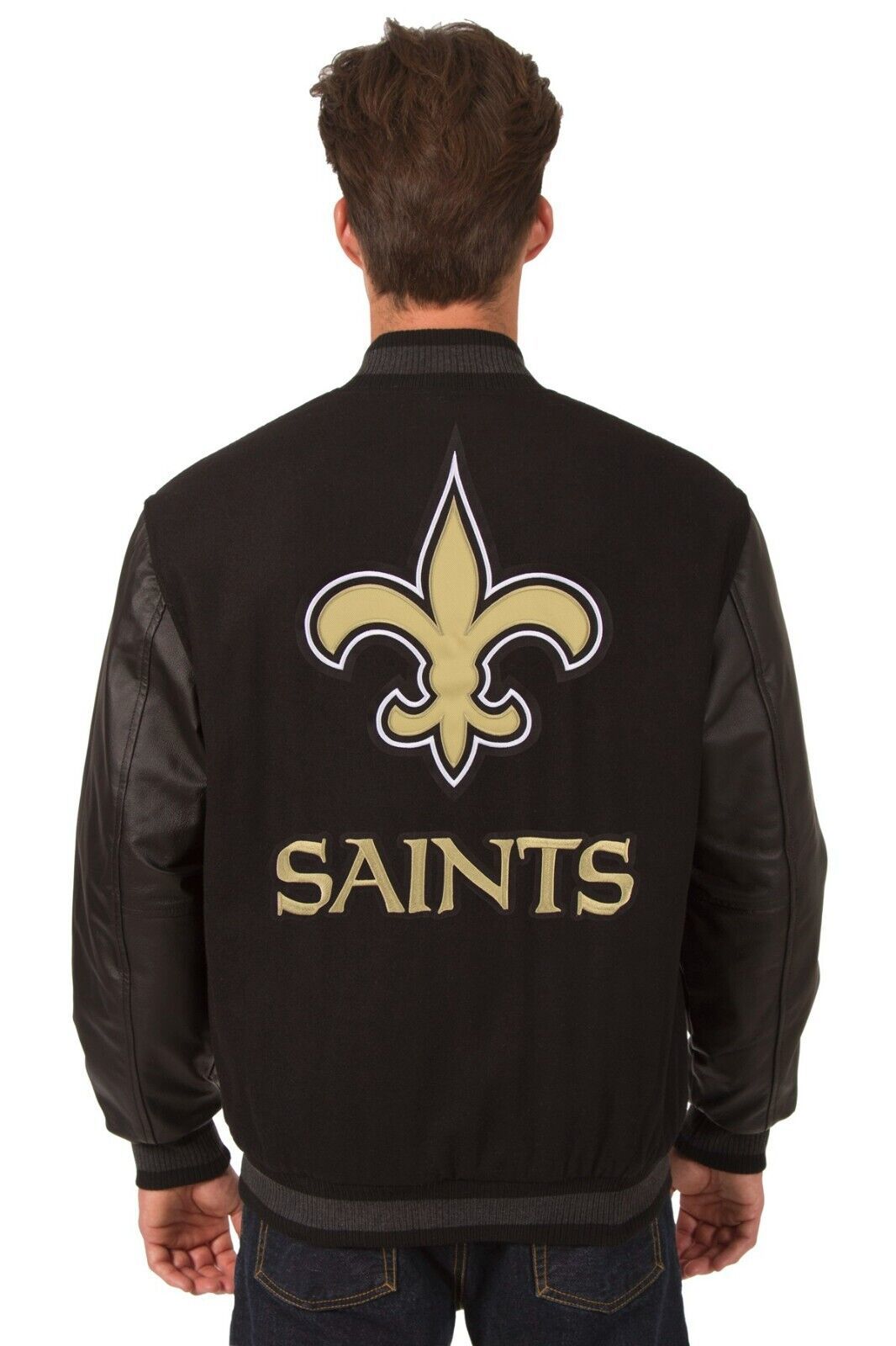 Primary image for NFL New Orleans Saints Wool Leather Reversible Jacket Embroided Patch Logo Black