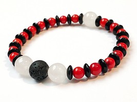 Red Coral Bracelet w/ Black Glass &amp; White Quartzite Beads, Czech Glass Quartzite - £22.58 GBP
