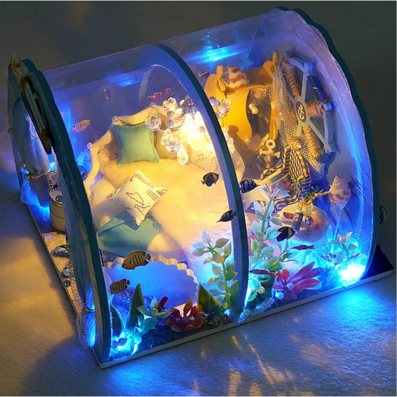 Play New DIY Miniature Furniture Ocean Room Kit Dollhouse With Light Fish Aemble - £54.95 GBP