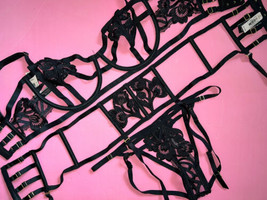 Victoria&#39;s Secret 34DD Bra Set+Garter+Strappy Panty Cutout Black Appliqué - £77.86 GBP