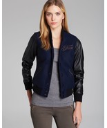 New NWT Womens True Religion Varsity Leather Jacket M Dark Navy Blue Bla... - £465.35 GBP