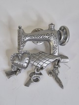 Vtg. Signed LCD Pewter Sewing Machine w/ Dangle Charms Lapel Pin 1.5&quot; - $260.58 MXN
