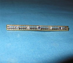Antique c1900s 14k Gold Diamond and Sapphire Filigree Bar Pin Brooch 4 grams 2&quot; - £335.43 GBP