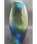 Modernist Contemporary Hand Blown Art Glass Vase, Cobalt-Forest Swirl, 1... - $130.00