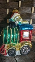 Hand Blown Glass Christmas Ornament Teddy Bear holding on to Train Engine Car - £14.21 GBP