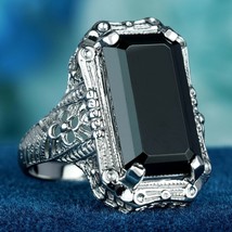 Natural Onyx Vintage Style Filigree Cocktail Ring in Solid 9K White Gold - £550.64 GBP