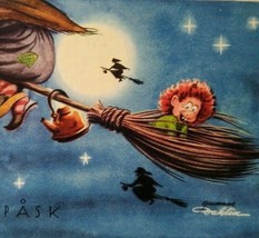 Halloween Easter Witch Postcard Fantasy Glad Pask Gremlin Rides Broom Full Moon - £32.57 GBP