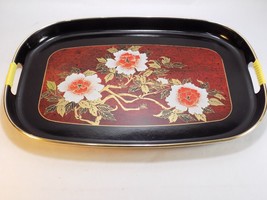 Vintage Japanese Black Lacquer Tray 11 X 17 X 1 Peony Flowers Gold Rimmed - £23.01 GBP