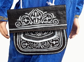 Vintage Handmade Berber Shoulder Bag, Moroccan Black Leather Cross-body Bag, Uni - £109.63 GBP