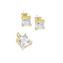 CZ Clear Square Gold Stud Earrings And Pendant, Sku#LK906 - £2.40 GBP+