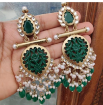 Bollywood Style Gold Plated Indian Kundan Long Green Earrings Jewelry Set - £29.27 GBP
