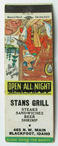 Stan&#39;s Grill - Blackfoot, Idaho Restaurant 20 Strike Matchbook Cover Hillbilly - £1.37 GBP