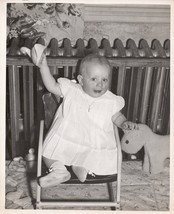 VINTAGE 10&quot; X 8&quot; BABY PHOTO SMILING TODDLER IN HER CHAIR WITH DUCKY &amp; HO... - $8.90